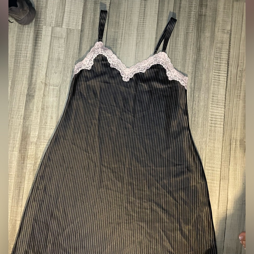 Grey & white striped slip dress with baby pink lace trim